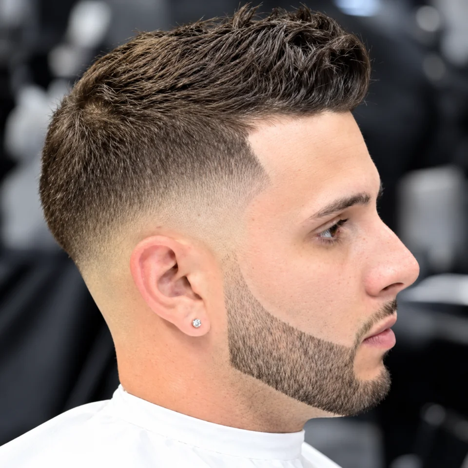 Mid Skin Fade, Textured Top & Faded Beard
